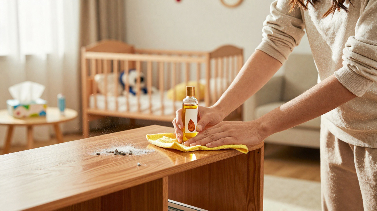 Pessoa a limpar móvel de madeira com pano amarelo e óleo, berço e sala ao fundo.