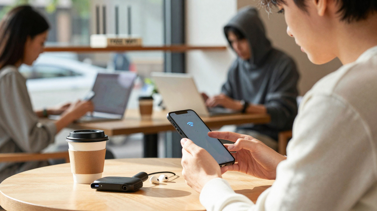 Pessoa a usar telemóvel com símbolo de Wi-Fi, com café e auscultadores numa mesa, e duas pessoas a trabalhar no fundo.