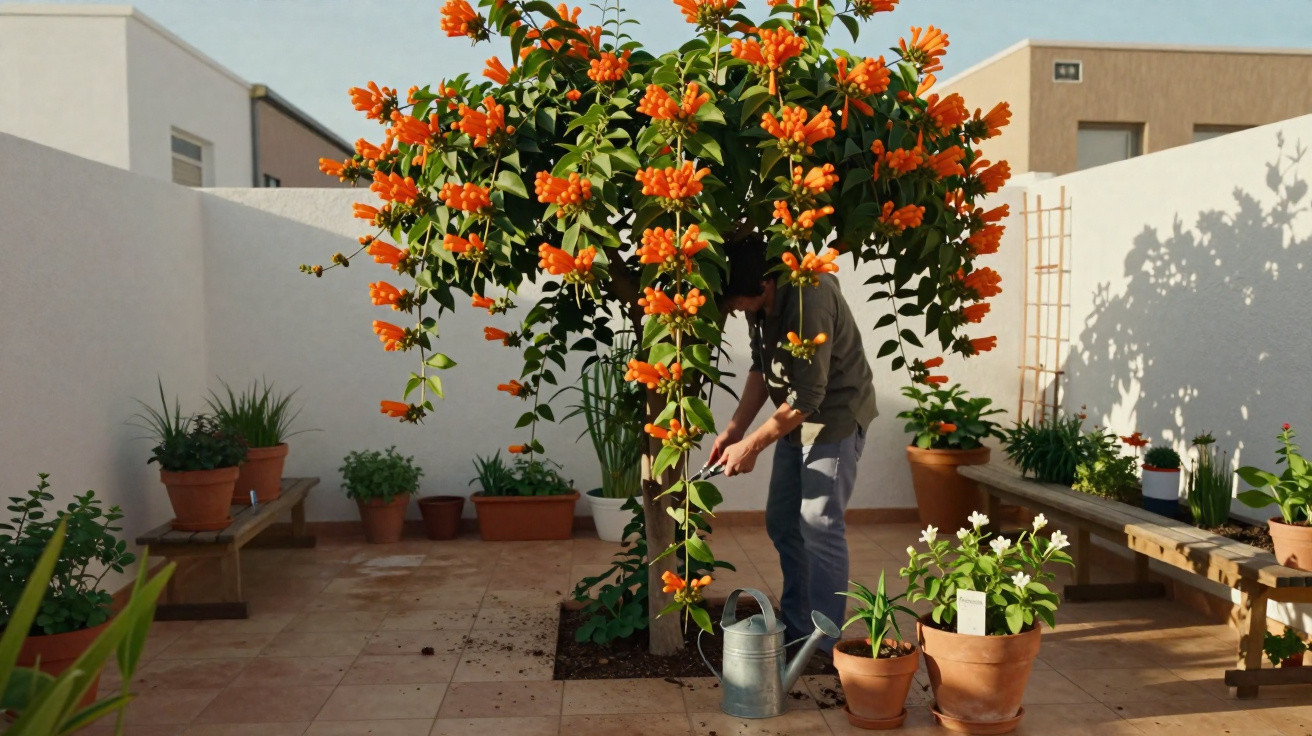 Pessoa a cuidar de planta com flores laranjas num pequeno jardim exterior com vasos e bancos de madeira.