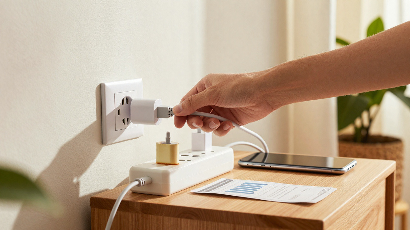 Mão a ligar carregador USB a tomada elétrica junto a régua de tomadas numa mesa com smartphone e documentos.