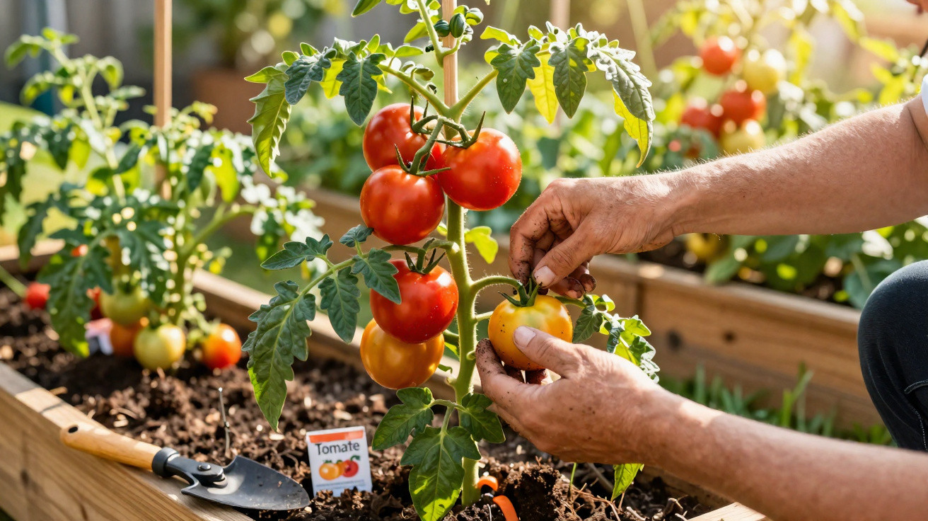 Mãos a colher tomate maduro numa horta urbana com plantas em caixas de madeira ao sol.