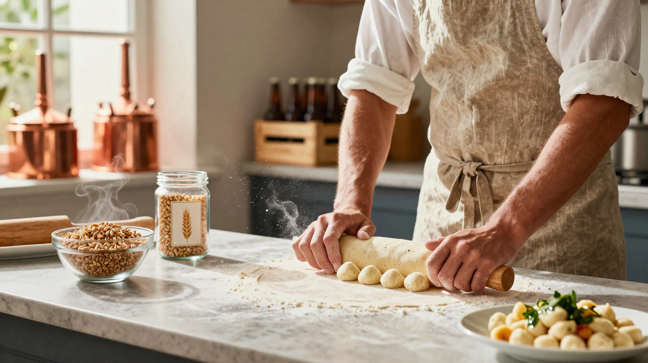 Pessoa a abrir massa com rolo numa bancada de cozinha com ingredientes espalhados e prato de comida ao lado.