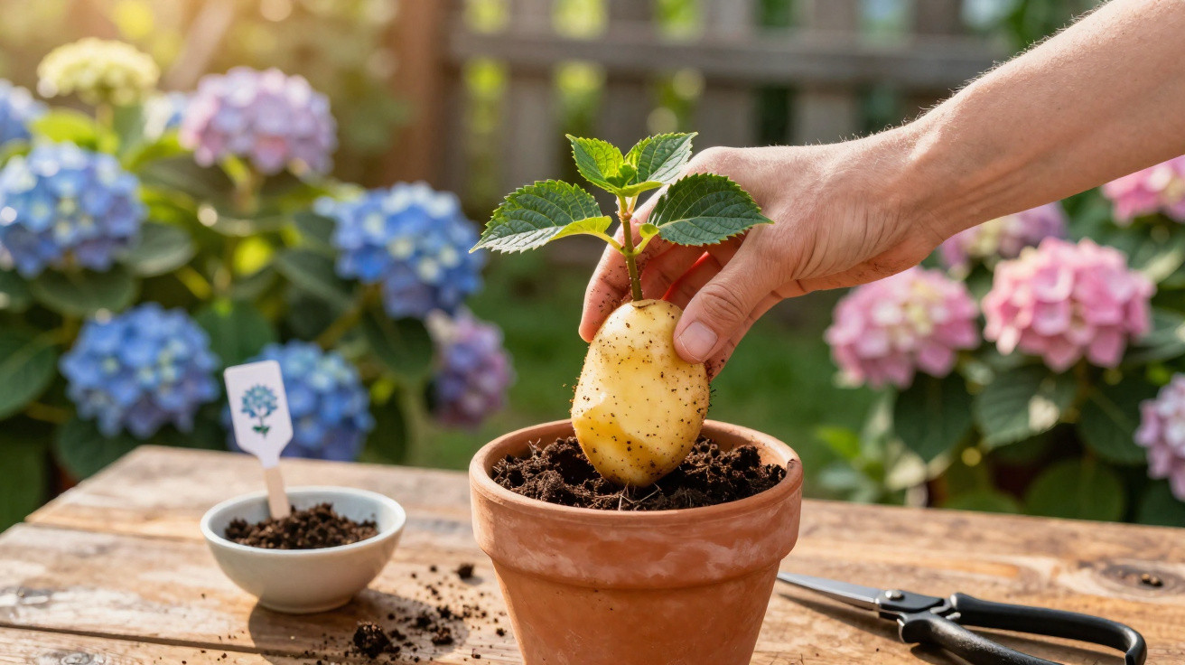 Mão a plantar batata num vaso de barro com planta a crescer, flores desfocadas ao fundo num jardim.