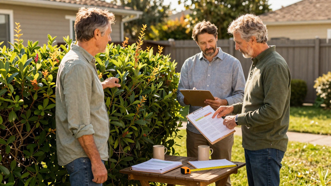 Três homens com pranchetas discutem planos junto a uma mesa e arbustos num jardim ensolarado.
