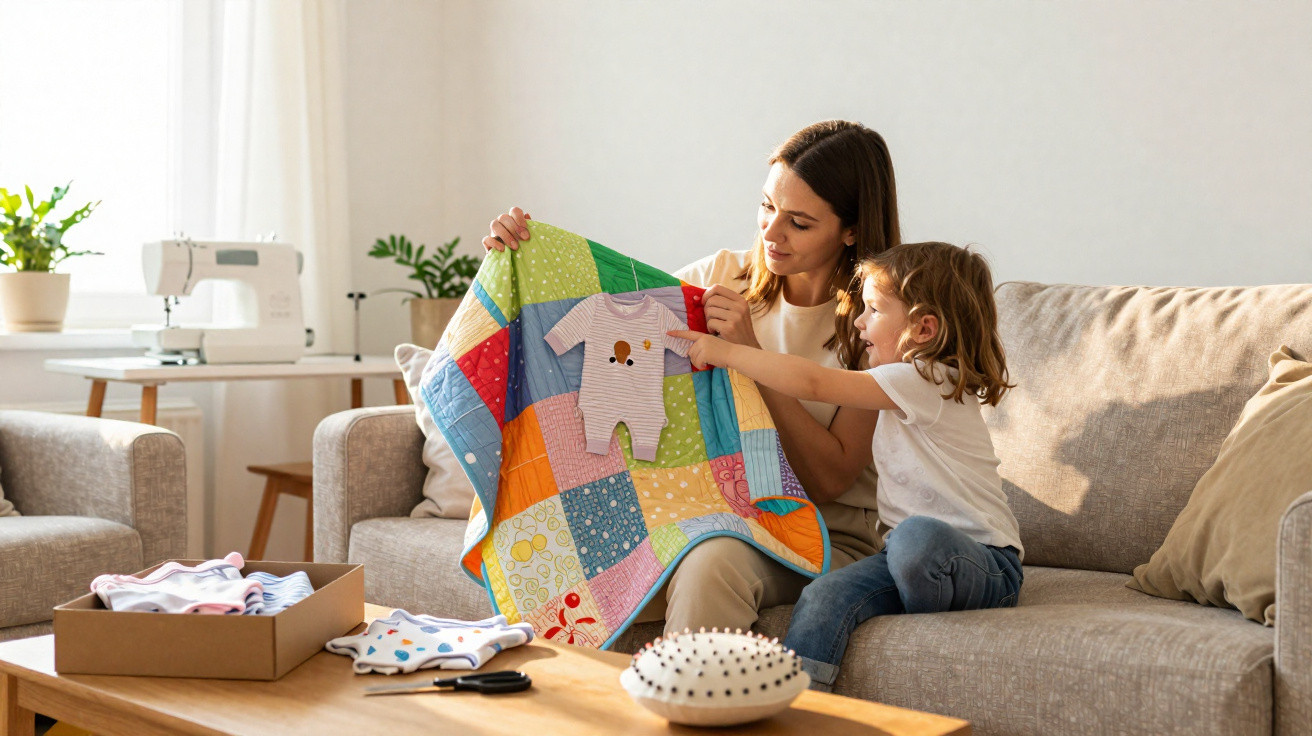 Mulher e menina sentadas no sofá a mostrar um fato de bebê colorido num cobertor patchwork.