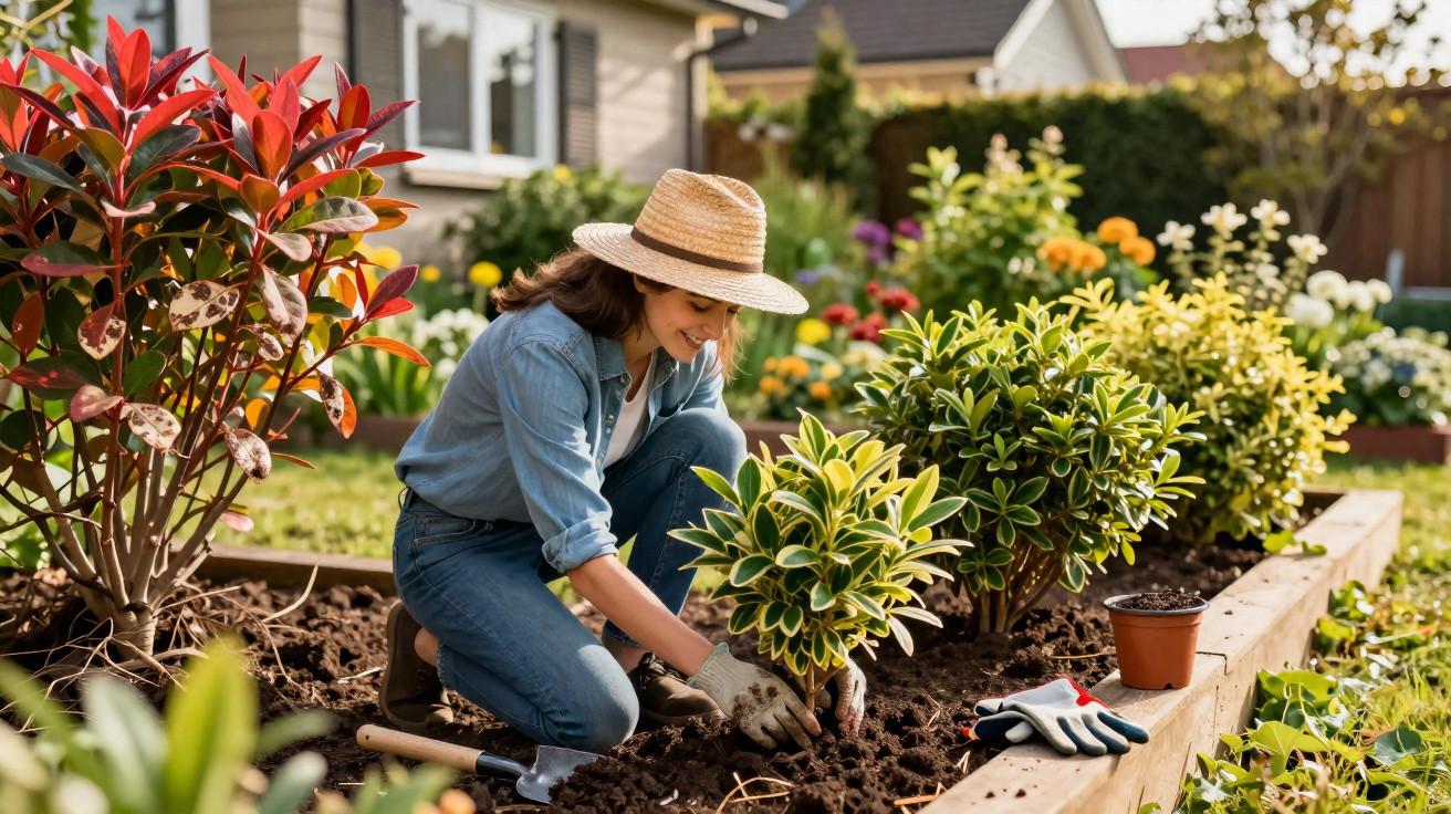 Mulher a plantar arbustos num jardim residencial, usando chapéu de palha e luvas de jardinagem.