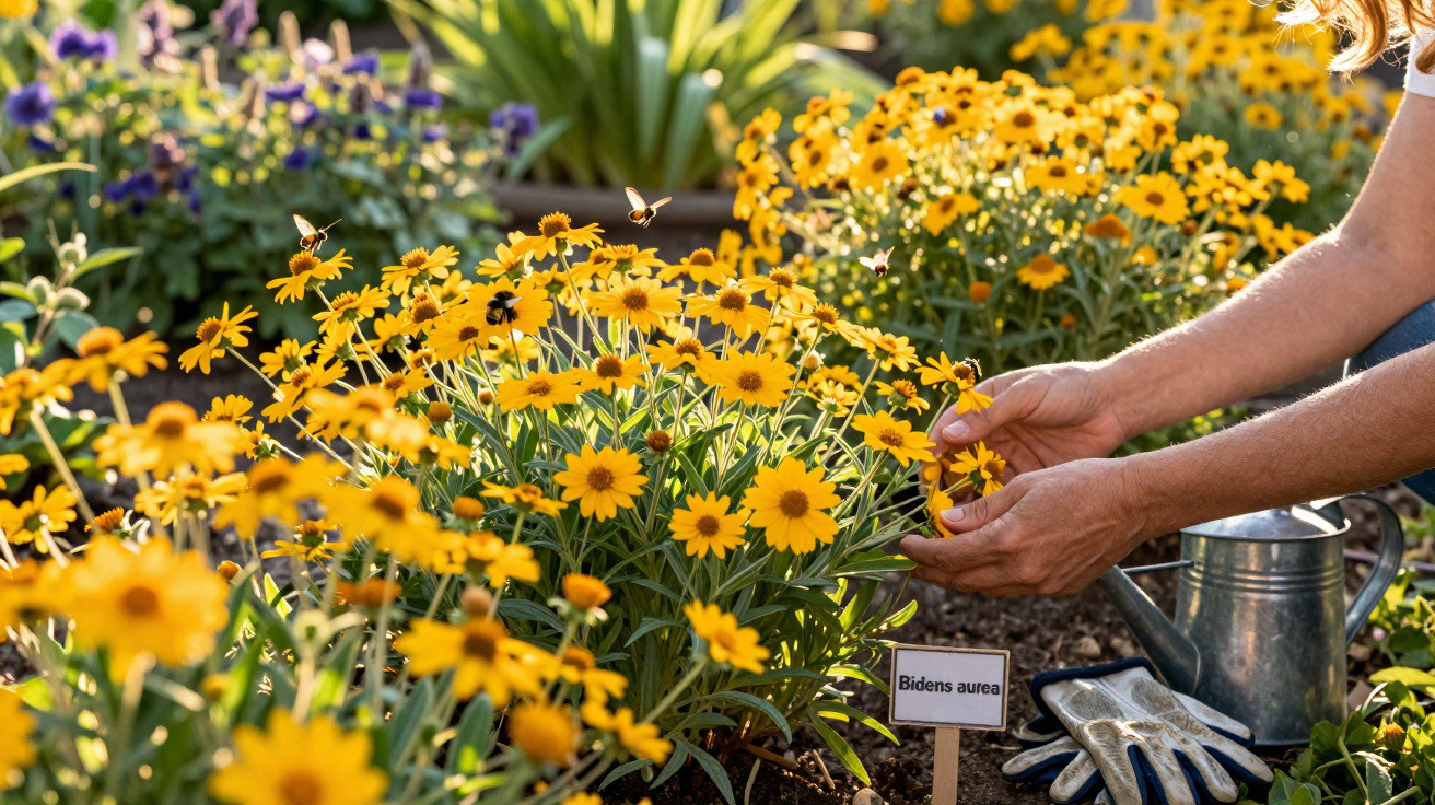 Pessoa a cuidar de flores amarelas Bidens aurea num jardim ensolarado com abelhas e utensílios de jardinagem.