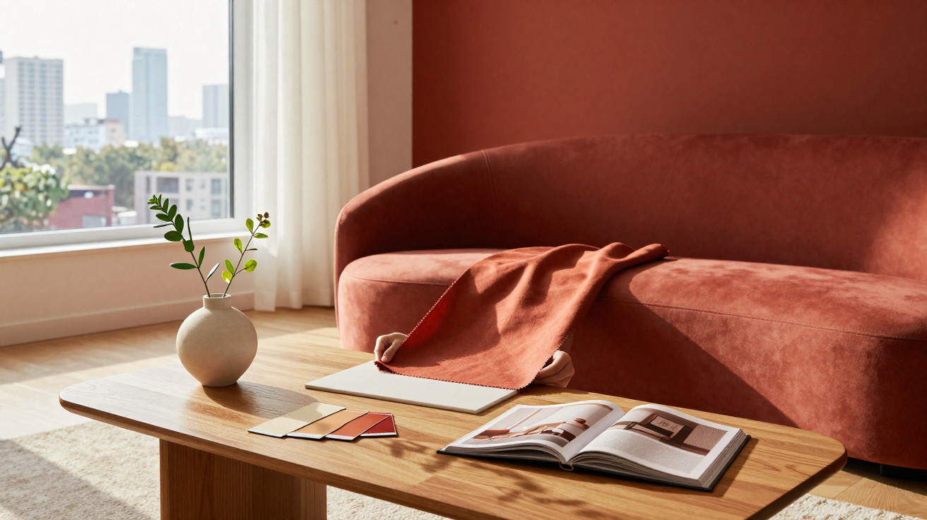 Sala de estar com sofá castanho, manta laranja, mesa de madeira com livro aberto e vaso com planta.