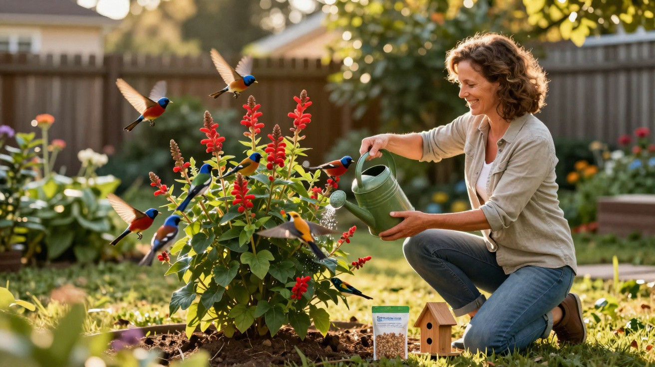 Mulher rega planta num jardim enquanto pássaros coloridos voam em redor em dia ensolarado.