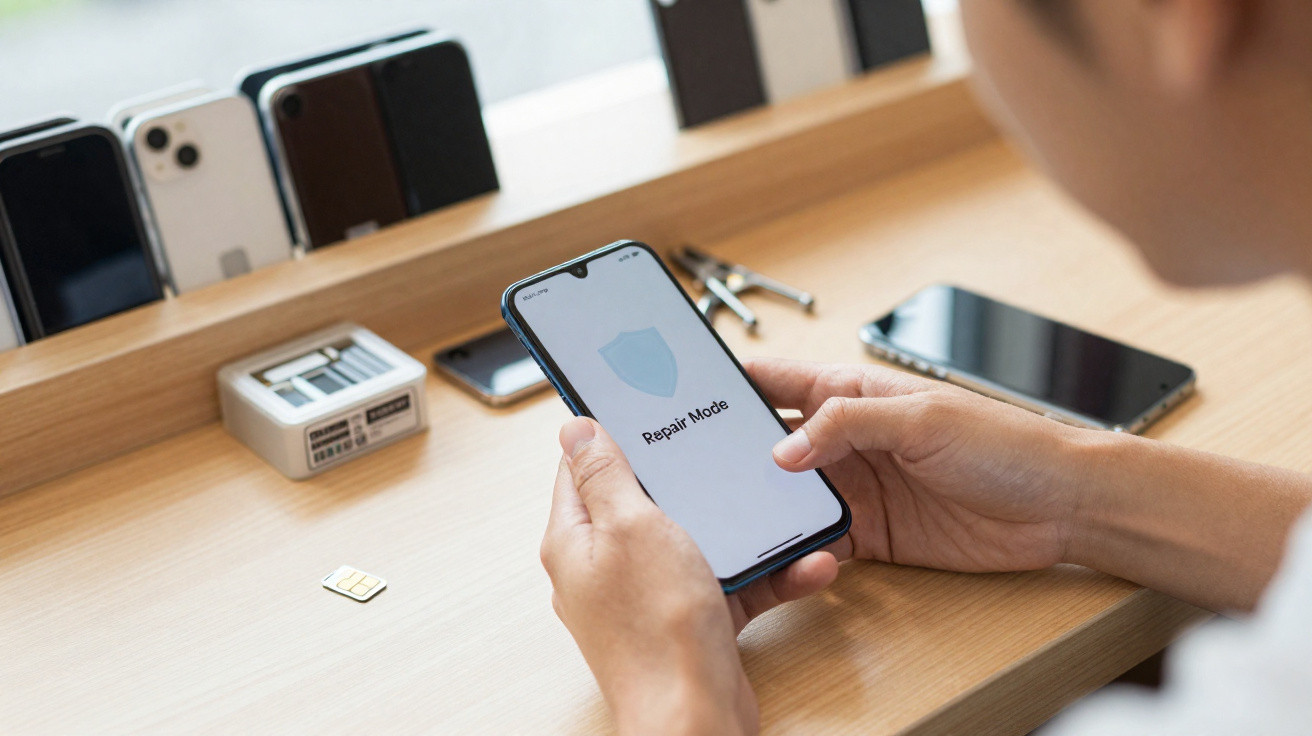 Pessoa segura smartphone com ecrã a mostrar modo de reparação numa mesa com vários telemóveis e peças.