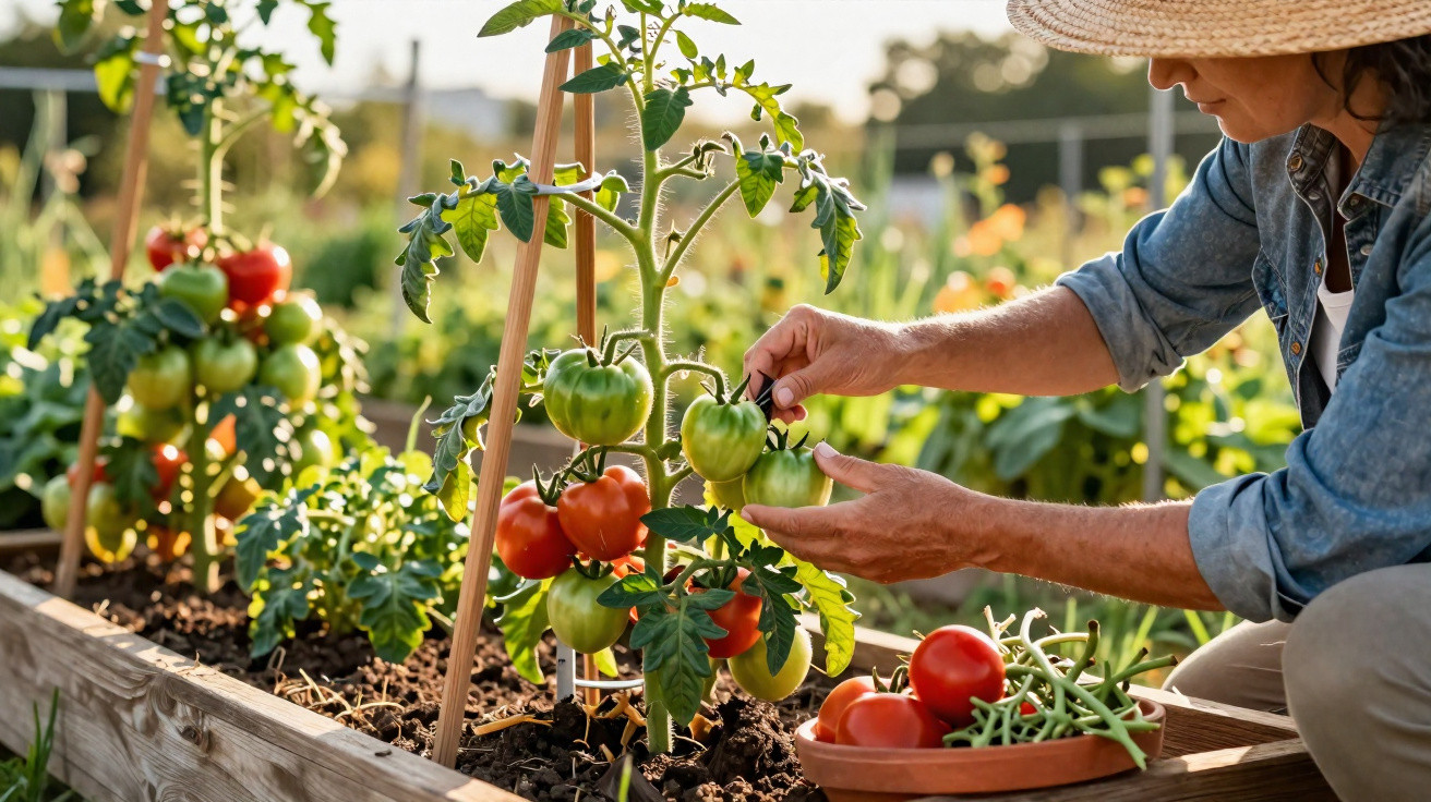 Pessoa a colher tomates verdes e vermelhos numa horta em canteiros de madeira ao ar livre.