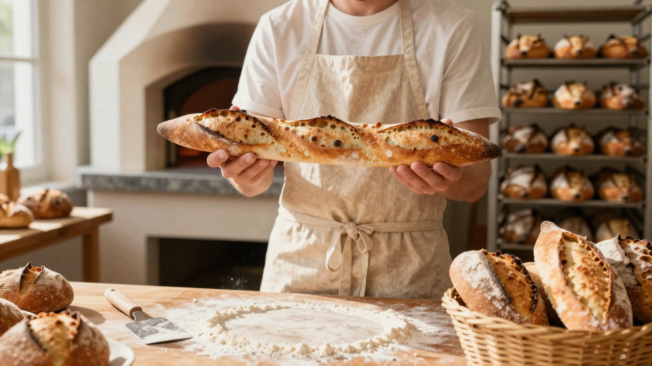 Padeiro segurando baguete fresca numa padaria com vários pães em cestos e prateleiras.