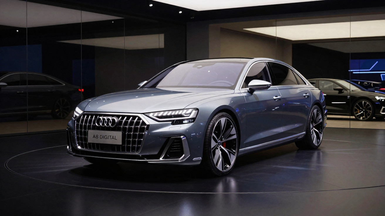 Audi A8 Digital cinzento estacionado em sala expositora moderna com chão escuro e paredes espelhadas.