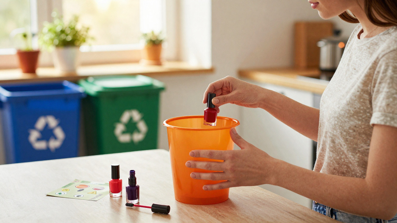Mulher a deitar verniz de unhas num caixote do lixo laranja, com caixotes de reciclagem ao fundo.
