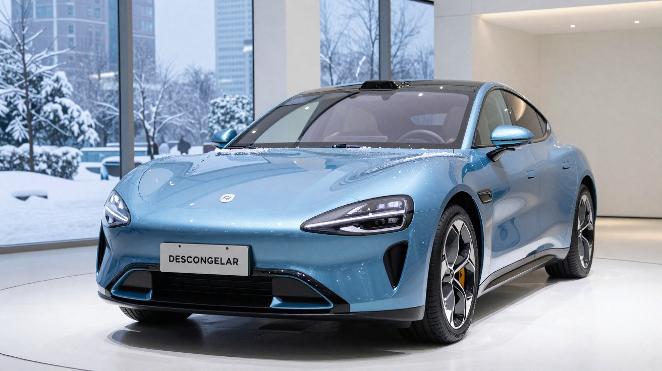 Carro elétrico azul claro moderno exposto num salão com neve visível através das janelas grandes.