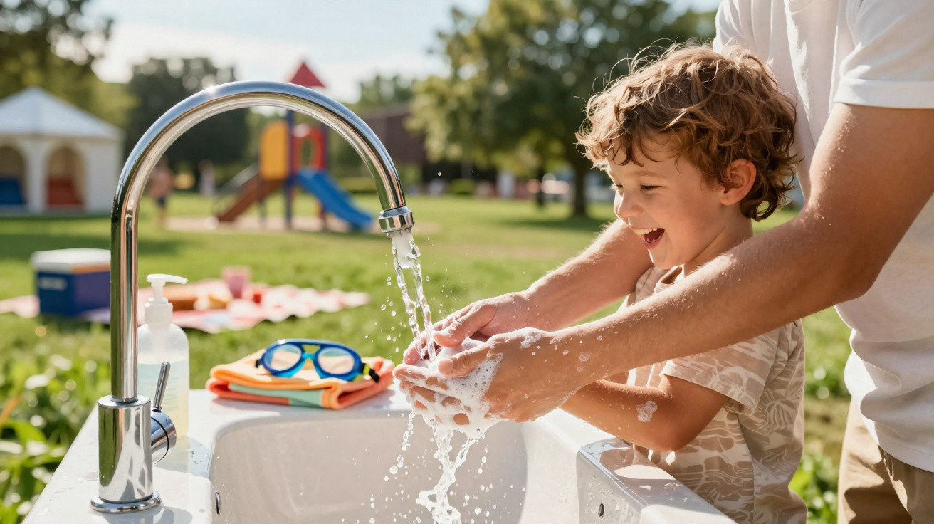Criança a lavar as mãos com ajuda de um adulto num lavabo ao ar livre num parque.