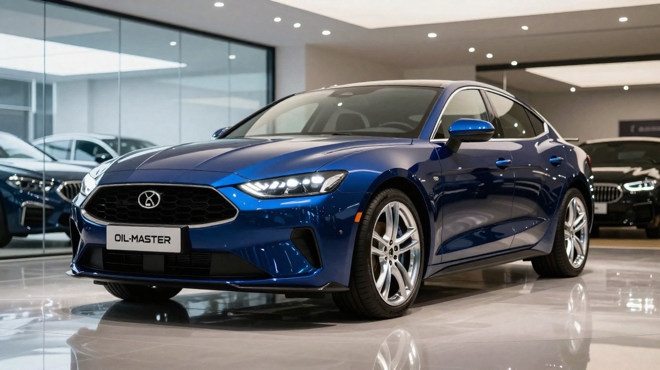 Carro desportivo azul brilhante em exposição numa sala moderna de show room automóvel.