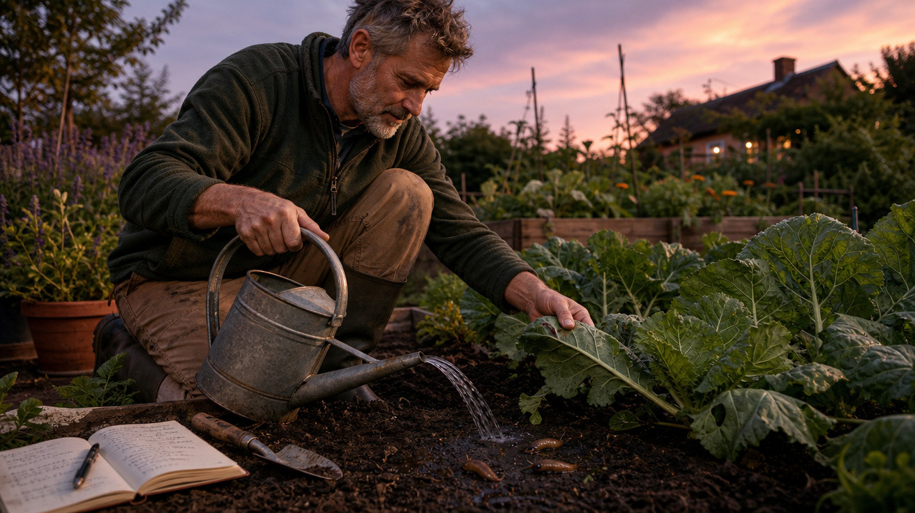 Homem a regar plantas num jardim ao entardecer com caderno e ferramentas ao lado.