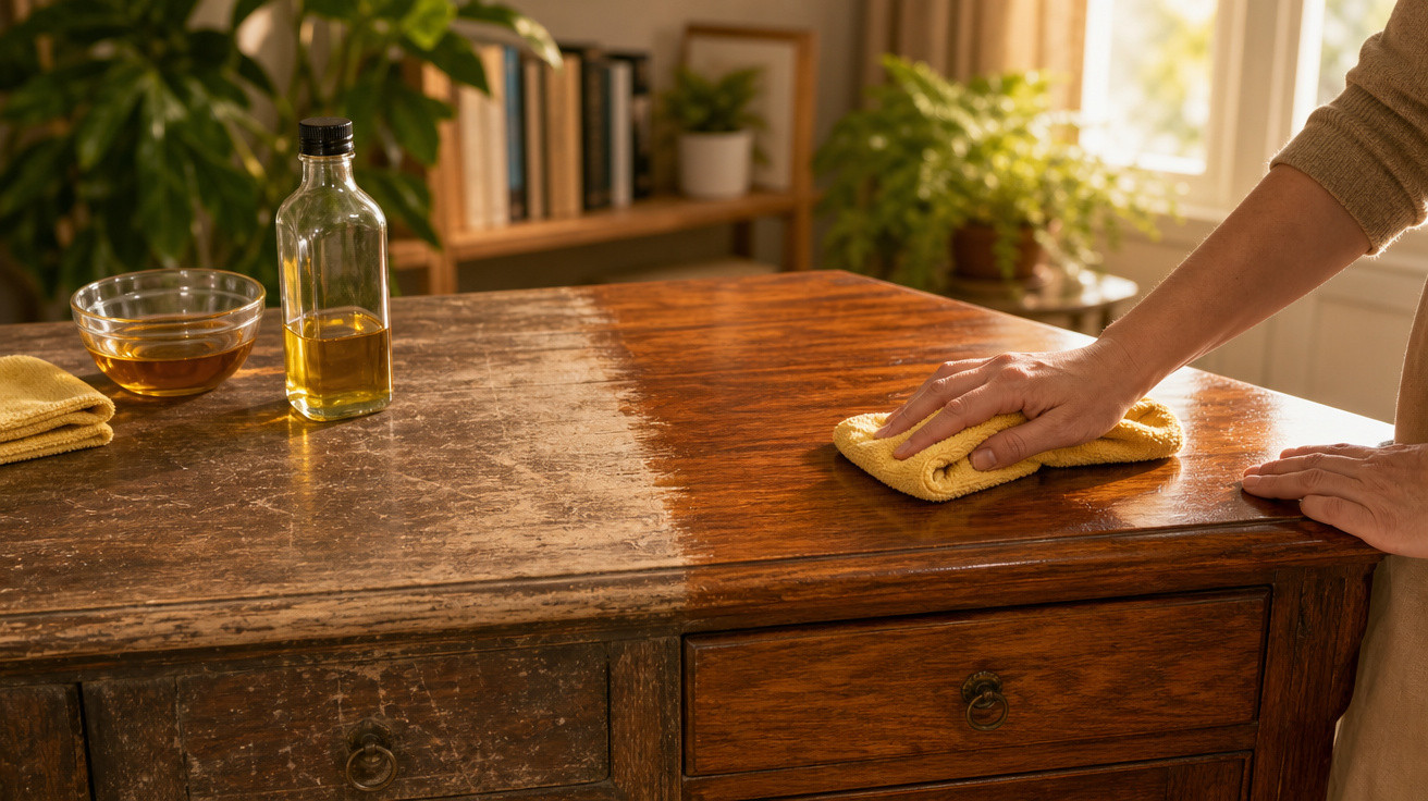 Pessoa a restaurar uma superfície de madeira de móvel antigo com pano amarelo e óleo de tratamento.