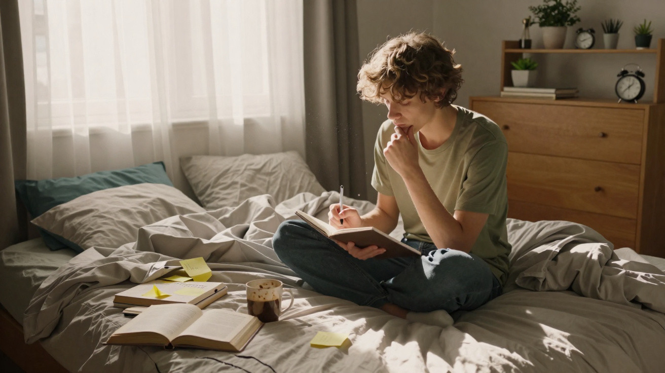 Jovem sentado na cama a estudar e escrever num caderno, rodeado por livros e notas em ambiente iluminado.
