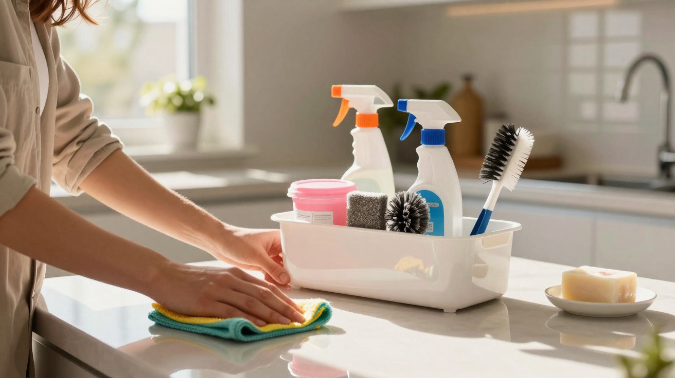 Pessoa a limpar bancada de cozinha com pano, junto a produtos e utensílios de limpeza organizados num tabuleiro branco.