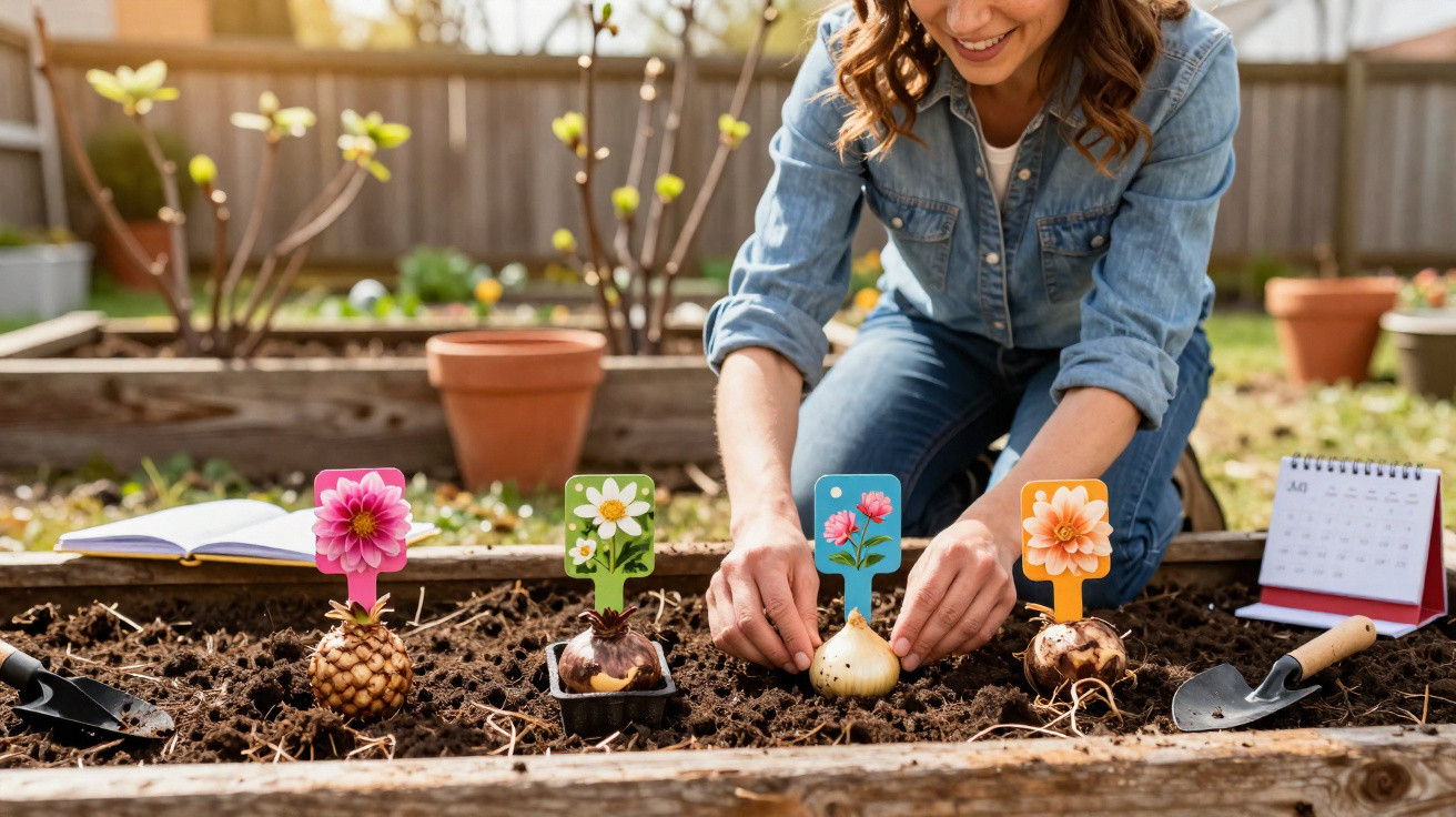 Mulher a plantar bulbos de flores num canteiro com etiquetas coloridas e um calendário ao lado.