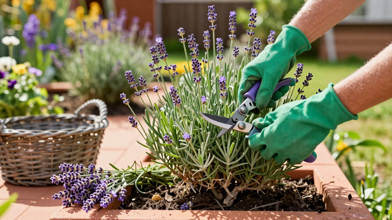 Pessoa com luvas verdes a podar plantas de lavanda num canteiro de jardim.