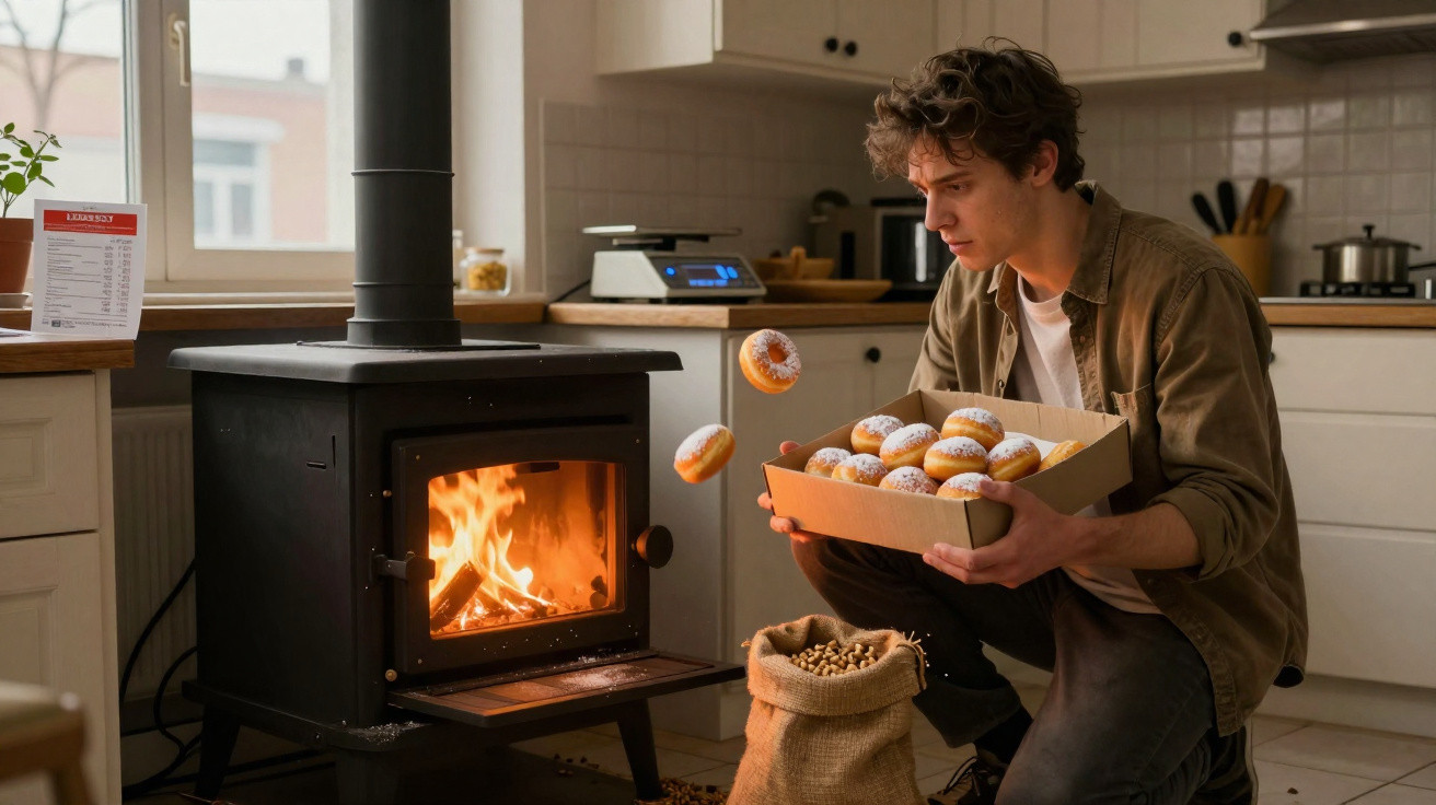 Homem com caixa de donuts lança-os para perto de salamandra acesa numa cozinha moderna.