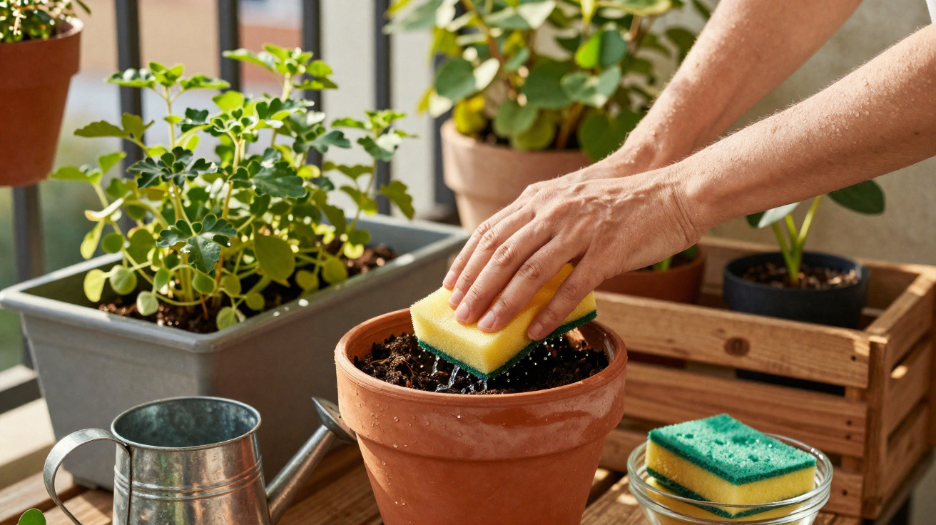 Mãos a limpar terra de vaso de barro com esponja, rodeado de plantas e regador num jardim interior.