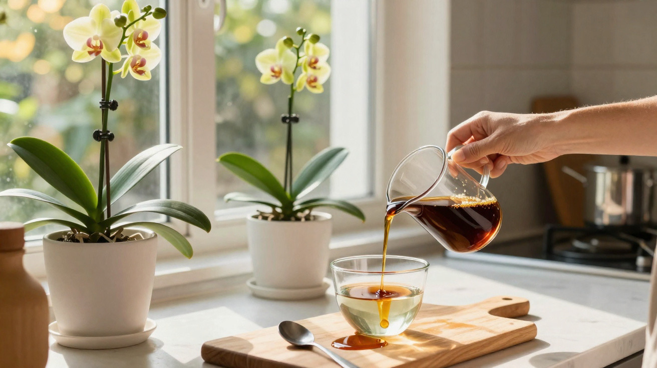 Mão a servir chá numa chávena de vidro num prato de madeira junto a duas orquídeas brancas na janela.