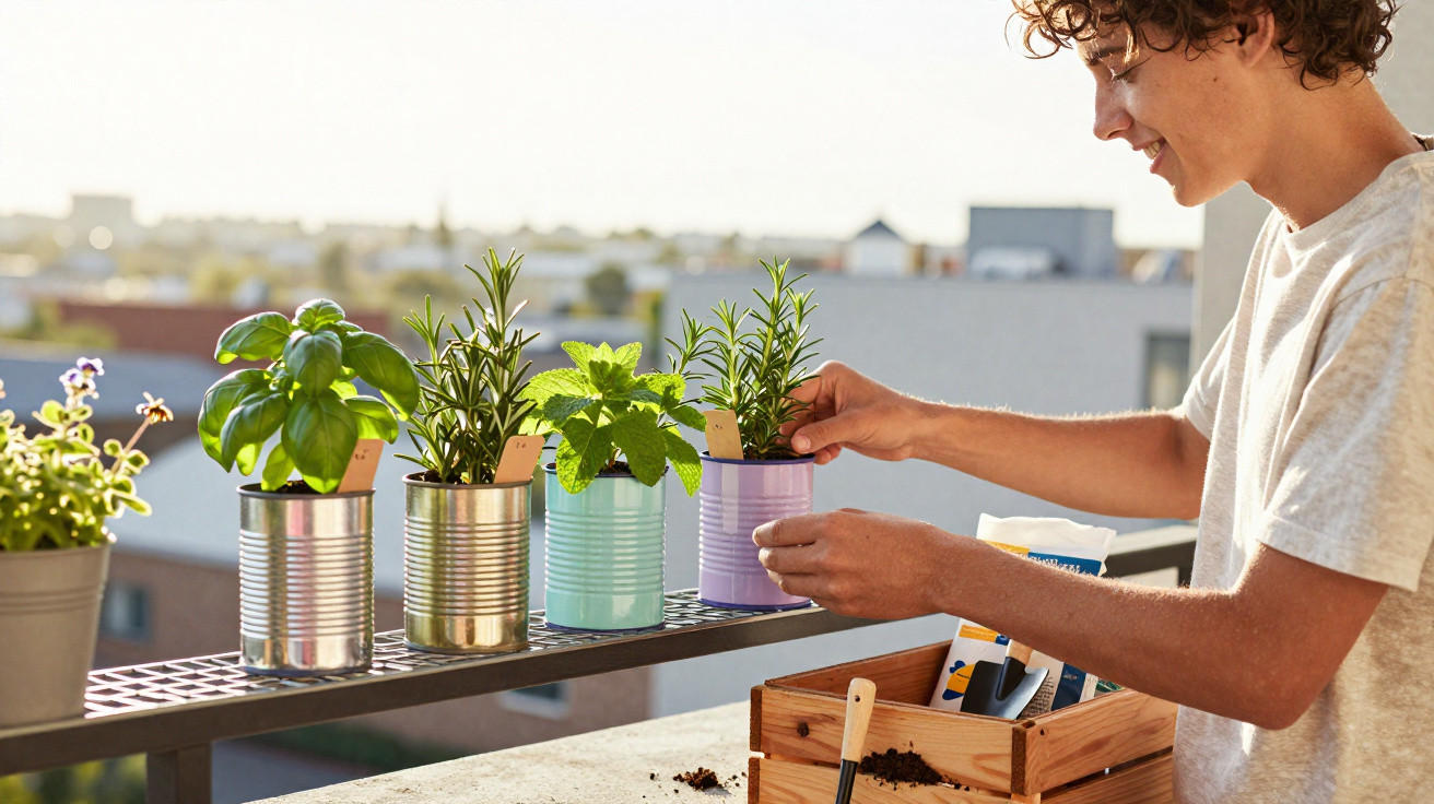 Pessoa a cuidar de plantas aromáticas em latas reaproveitadas numa varanda urbana ao entardecer.