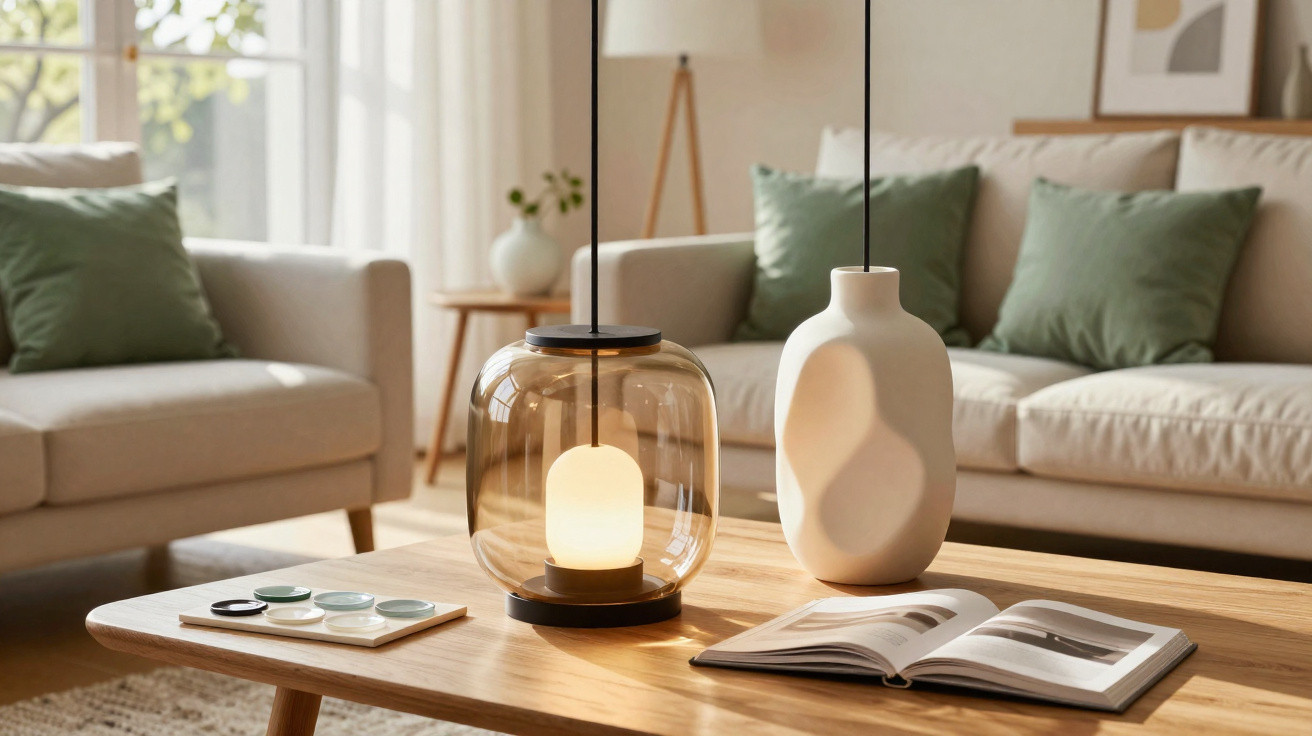 Sala de estar com duas sofas, almofadas verdes, mesa de madeira com luminária, vaso e livro aberto.