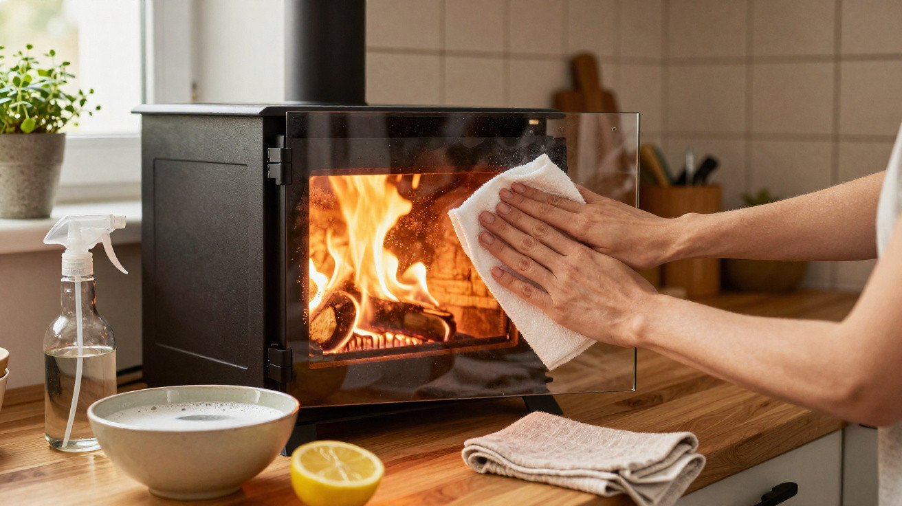Pessoa a limpar a porta de vidro de uma lareira acesa numa cozinha moderna e luminosa.