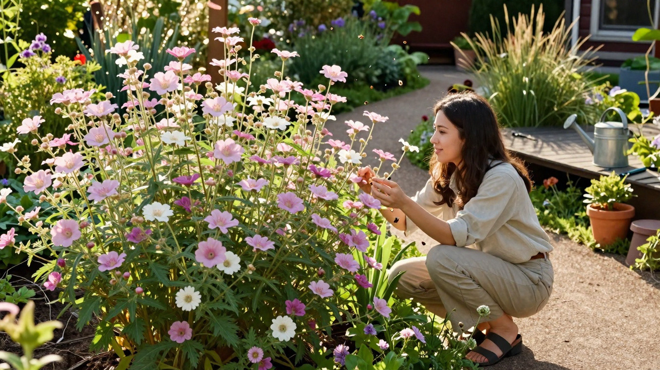 Mulher agachada a cuidar de flores cor-de-rosa num jardim ensolarado com plantas em vasos.