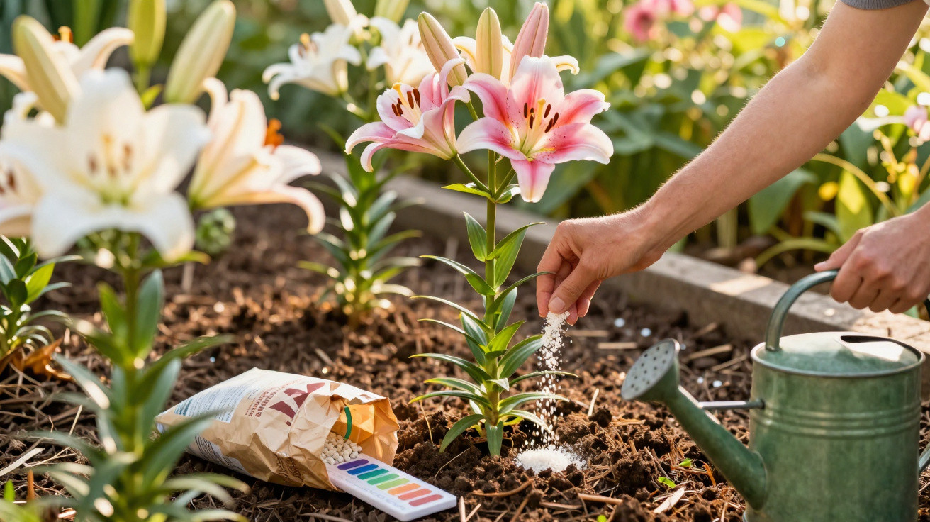 Pessoa a aplicar fertilizante em lírios cor-de-rosa num jardim, com regador e teste de pH no solo.