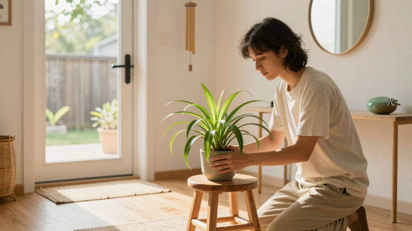 Pessoa a cuidar de planta numa sala iluminada e decorada de forma minimalista.