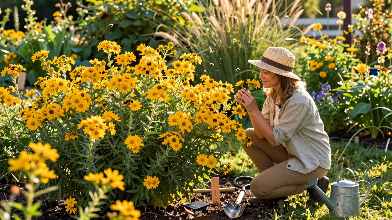Mulher a cheirar flores amarelas num jardim florido, com ferramentas de jardinagem ao lado.
