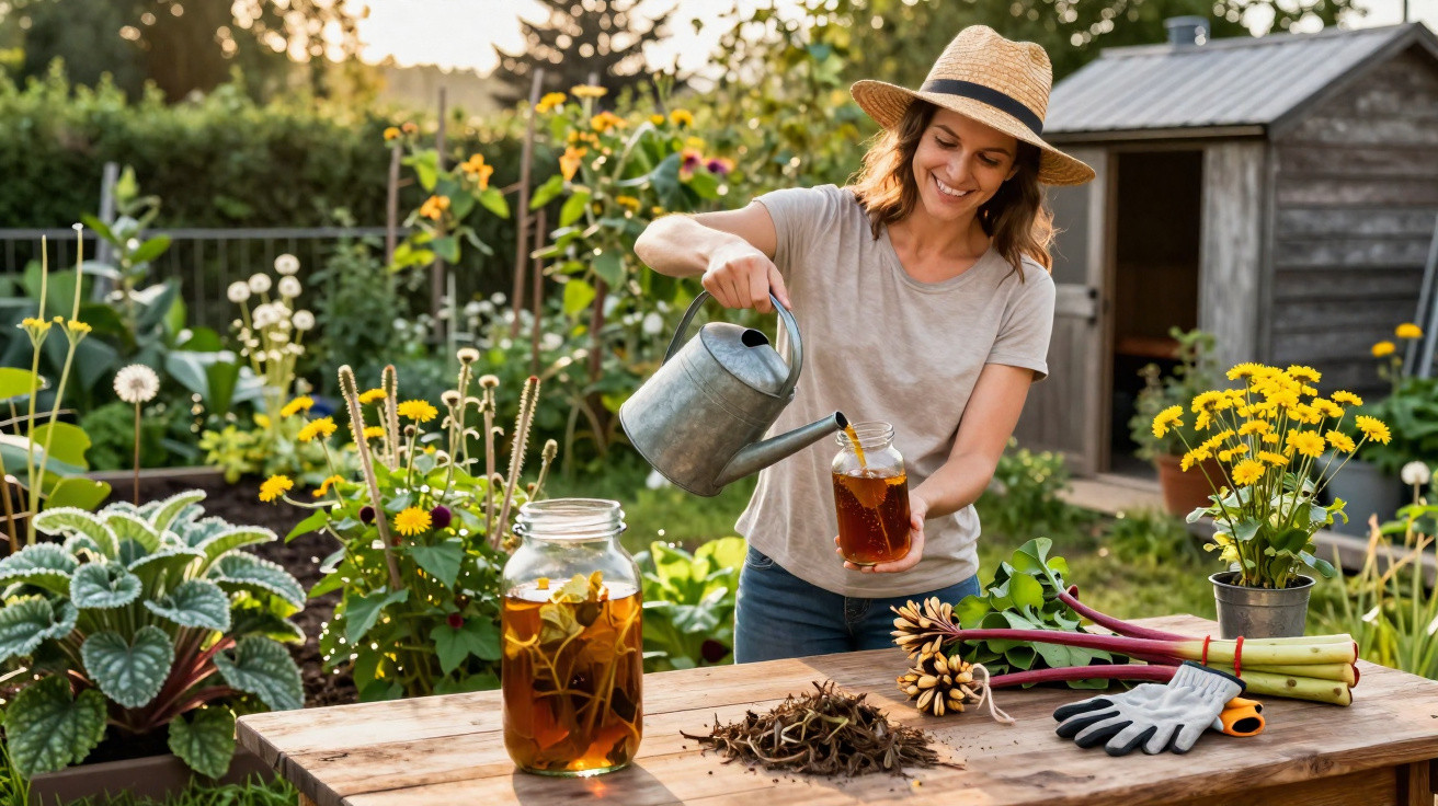 Mulher com chapéu a encher jarro com chá de ervas no jardim rodeada de plantas e flores.