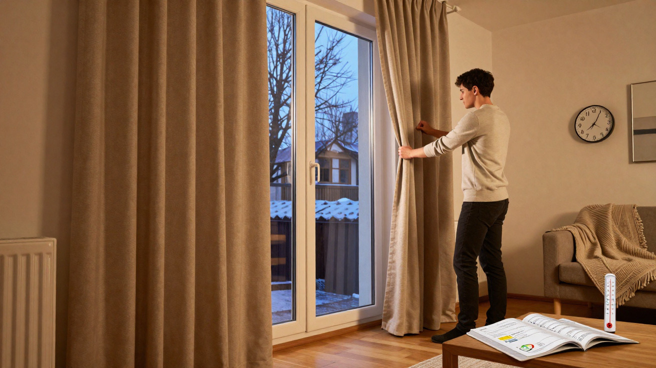 Homem abre cortinas bege numa sala acolhedora ao pôr do sol com temperatura visível e relógio na parede.