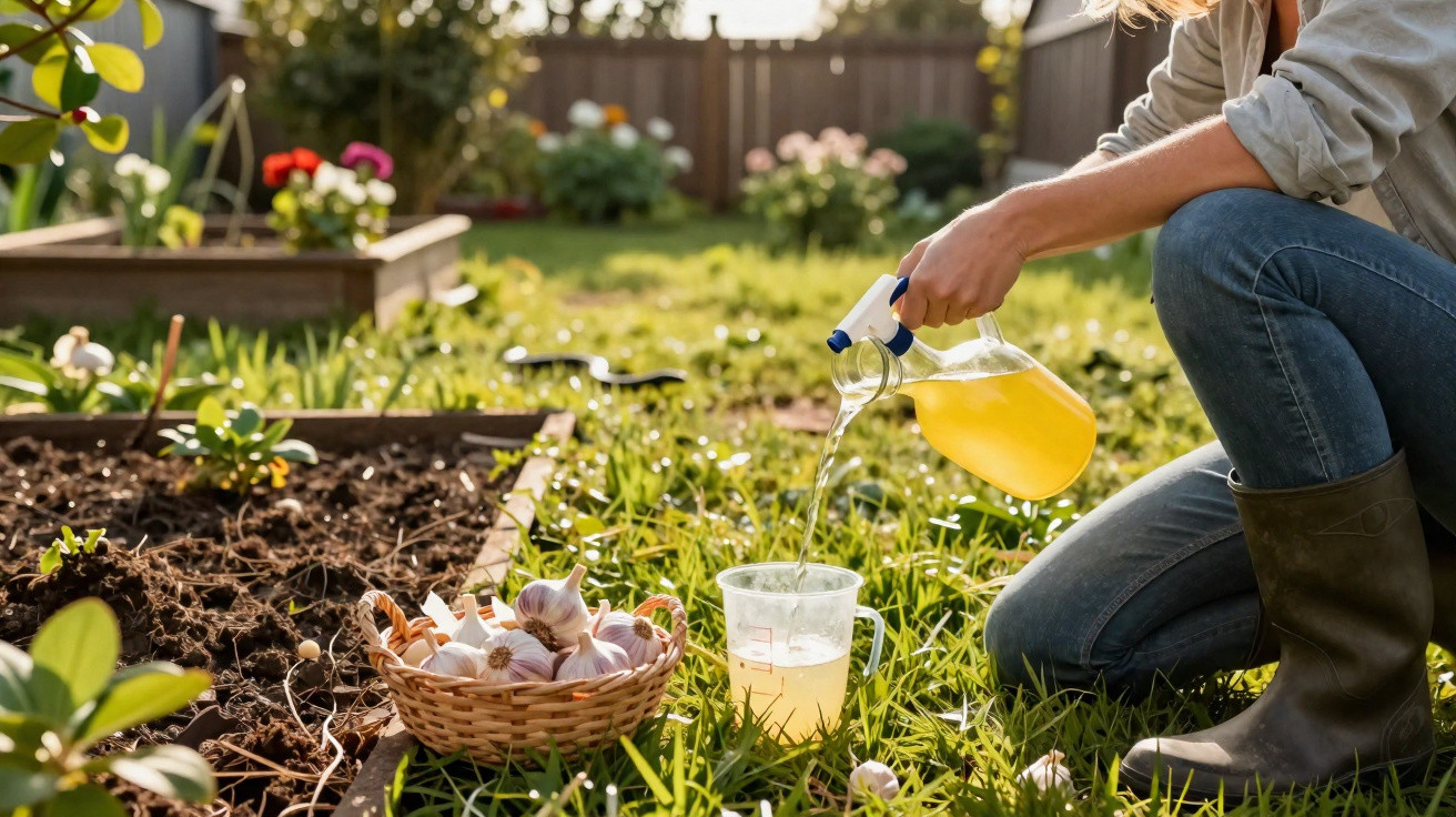 Pessoa a regar plantas num jardim com jarro amarelo, cesto com cabeças de alho ao lado.