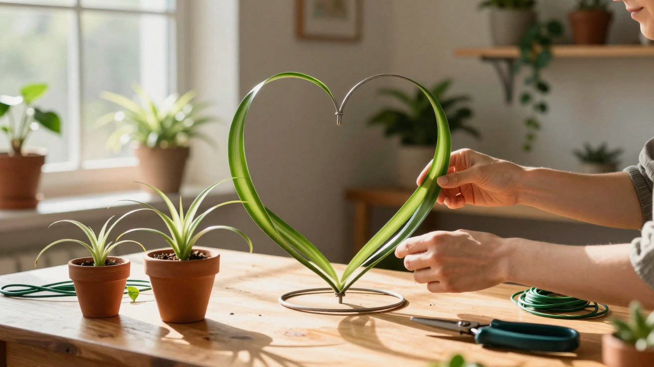 Pessoa a moldar folha em forma de coração numa mesa com plantas e ferramentas de jardinagem.