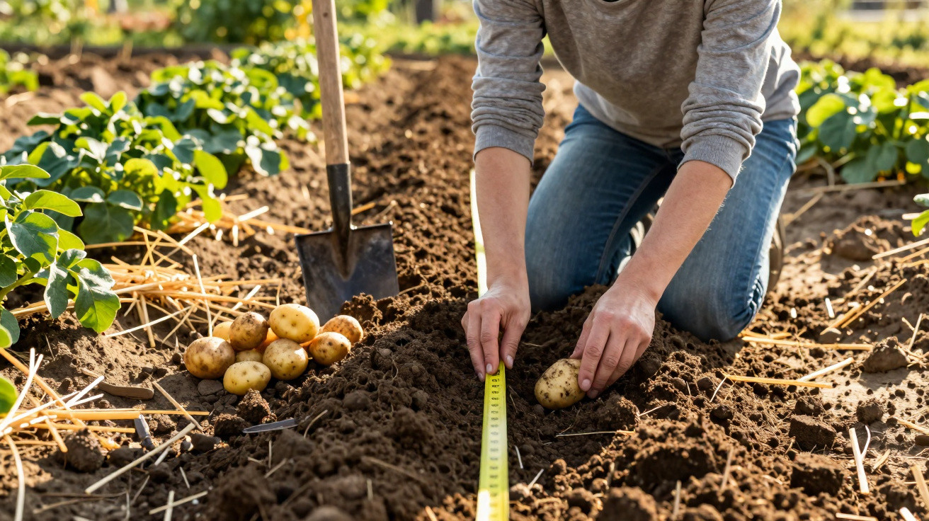 Pessoa a plantar batatas organizando-as no solo de uma horta com enxada e regador ao lado.