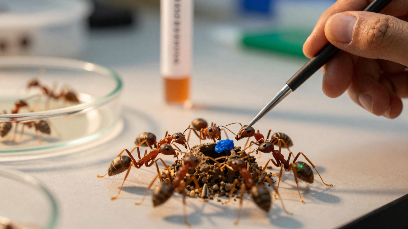 Mão humana a usar pinça para manipular formiga vermelha num formigueiro artificial em laboratório.