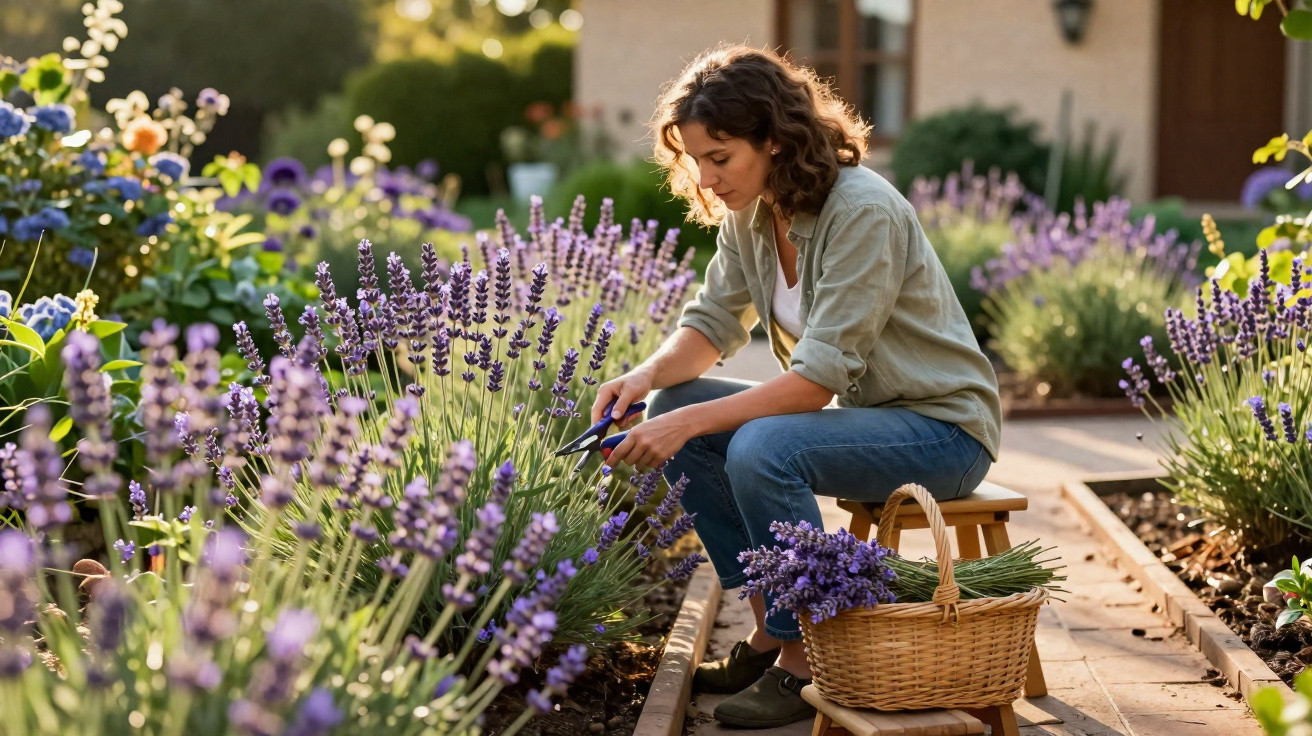 Mulher a cortar flores de lavanda num jardim, com cesta cheia de flores ao lado.