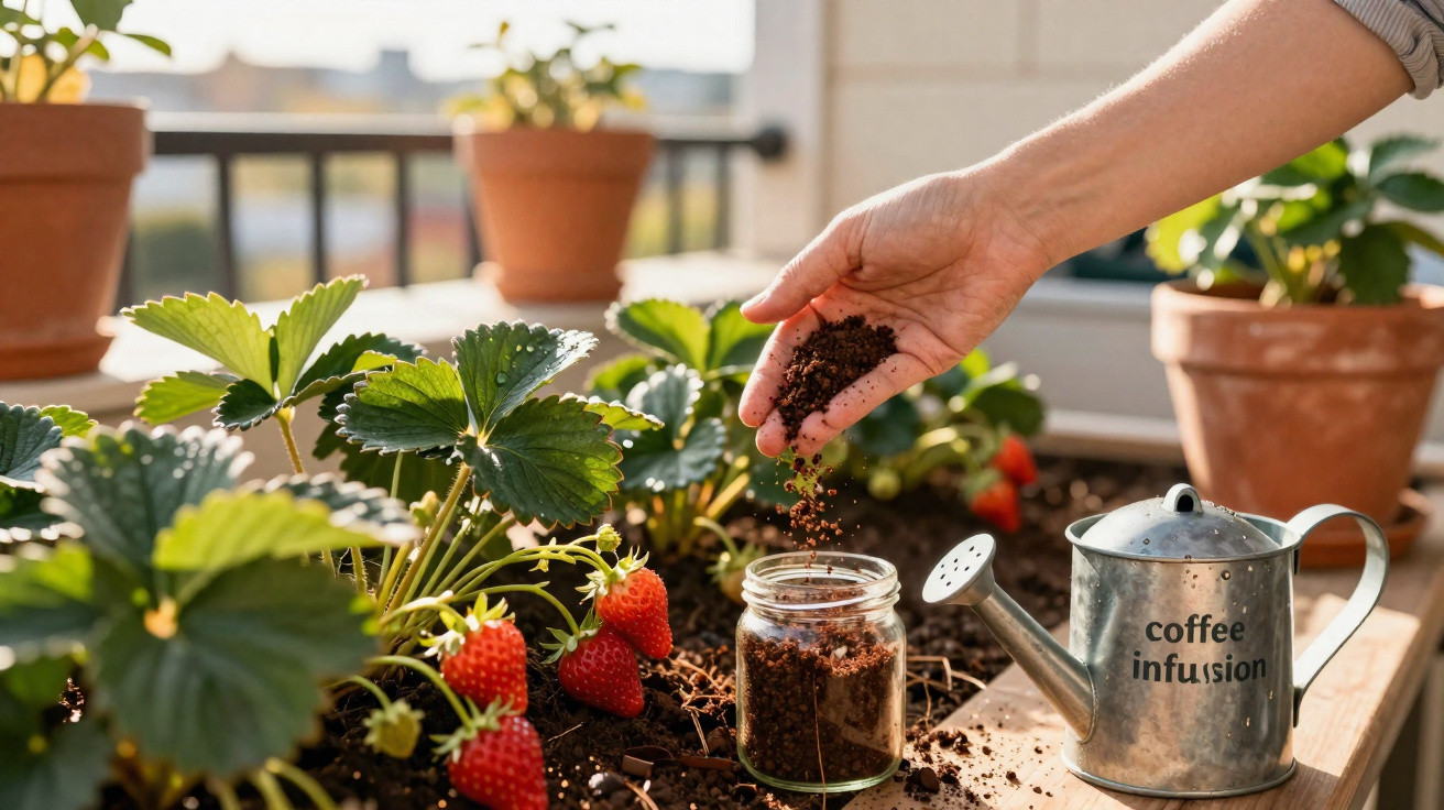 Mão a semear borra de café em vaso com morangueiros e regador metálico num jardim soalheiro.