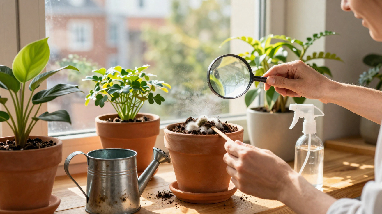 Pessoa a observar um cacto com lupa numa varanda ensolarada com várias plantas em vasos de barro.