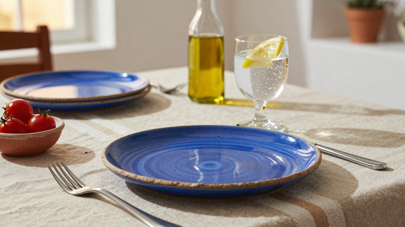 Mesa posta com pratos azuis, garrafa de azeite, copo com limão e taça com água e limão.