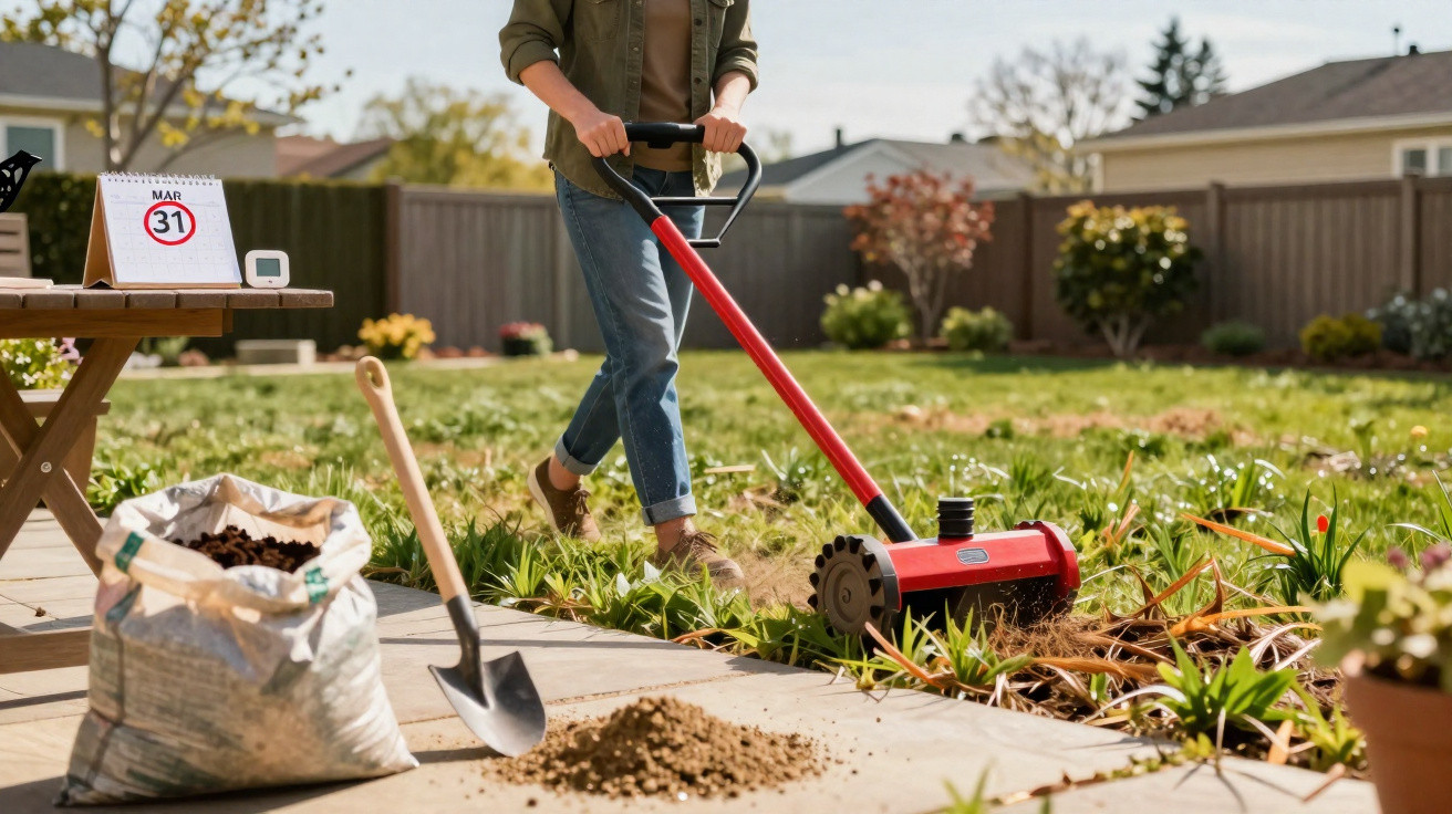 Pessoa a usar um aerador manual num jardim, com utensílios de jardinagem e calendário aberto no dia 31 de março.