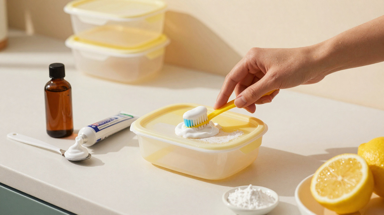 Mão a misturar pasta de dentes com bicarbonato em caixa amarela, com limões e frascos ao lado.
