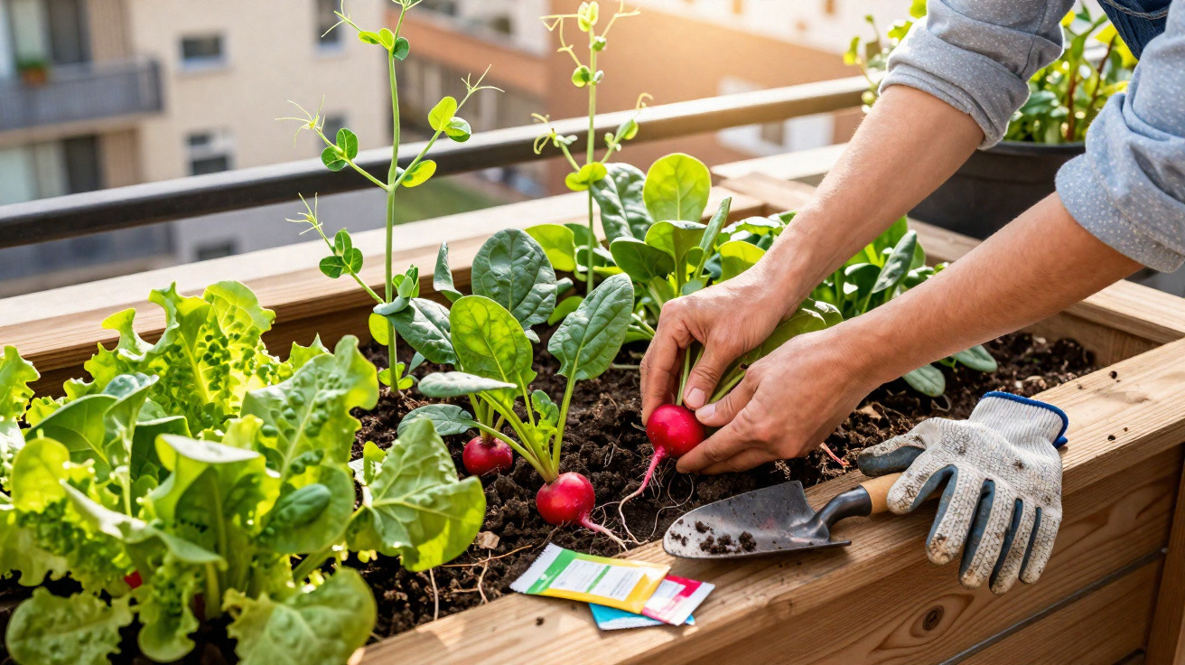 Pessoa a colher rabanetes num canteiro urbano com alface e outras plantas num ambiente exterior.